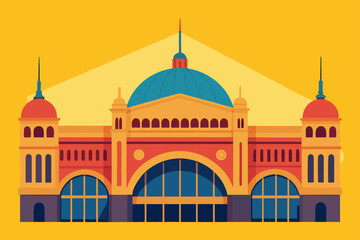 Flat illustration of a grand historic building with a blue dome and orange facade