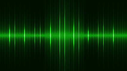 Abstract master audio waveform and equalizer in glowing green lines on a dark black background.