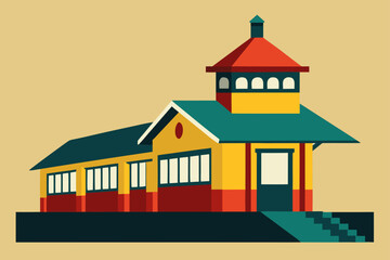 Obraz premium Colorful flat design train station building with tower