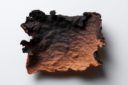 Burnt paper on white background displaying burnt edges and textures