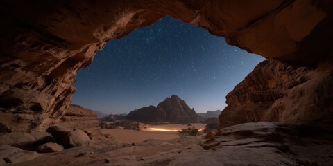 Stunning night view through desert cave to starry sky and remote mountains