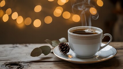 Obraz premium Hot coffee drink in a white cup on wooden table