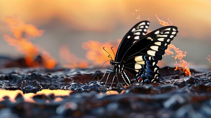 A butterfly with detailed wing patterns perched on a textured surface, fiery background