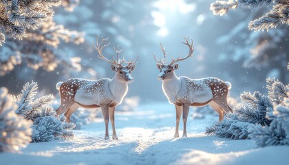 Majestic reindeer stand gracefully in a snowy, sunlit forest creating a magical winter wonderland scene perfect for holiday themes and serene nature visuals.