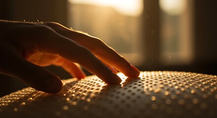 Hand gently touching textured surface in warm sunlight, creating a calming and sensory experience, promoting relaxation and mindfulness.