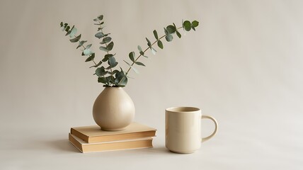 Serene still life with eucalyptus vase books and coffee mug neutral tones © LogoEffects