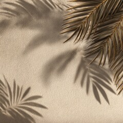 Sandy beige background with gold-toned palm fronds and their shadows, creating a textured, sunny feel