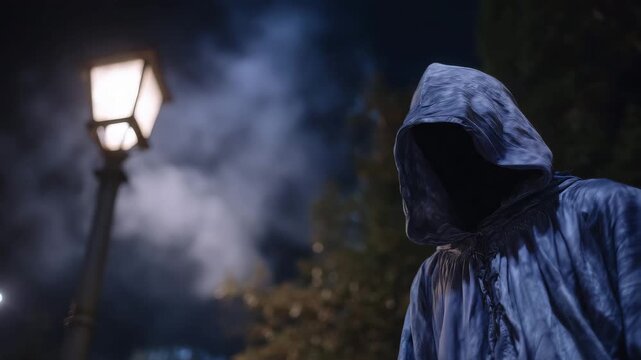 Cinematic composition of a hooded woman illuminated by a single lamppost, misty pepper spray cloud glowing in the cold night air