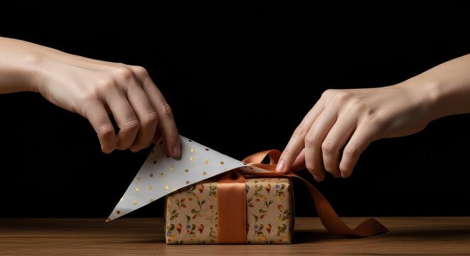 Excited hands gingerly peel back patterned wrapping paper from a small box tied with a decorative silk ribbon, revealing a festive surprise within ,opening ,anticipation ,special
