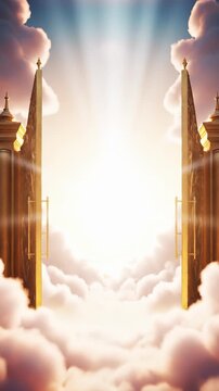 Magical vertical gates open into bright heavenly light. Clouds surround enchanting scenery, creating a peaceful atmosphere. Moment captures beauty and imagination.
