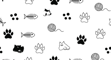 Seamless Pattern with Cat Paw Prints, Fish Bones, Yarn Ball on White Background