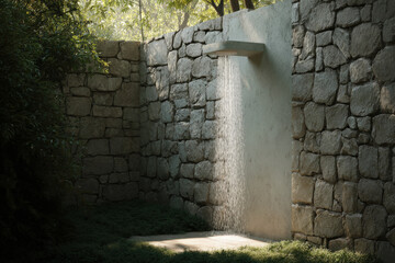 modern outdoor shower in spa area exudes tranquility with rain shower effect against textured stone wall
