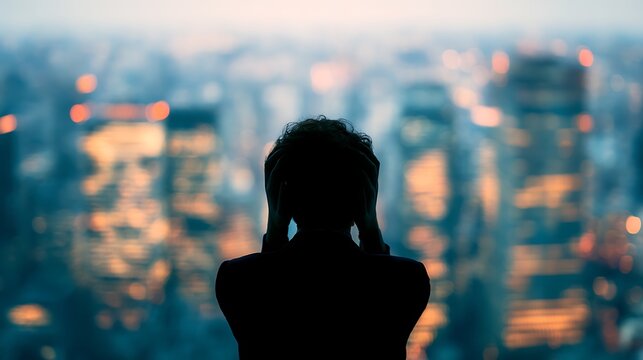 A silhouetted figure holds their head in despair against a blurred cityscape, capturing a moment of emotional turmoil amidst urban lights.