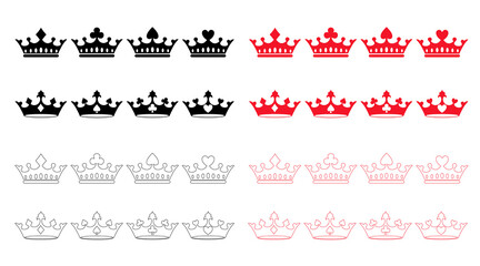 Crown vector collection, with playing card symbols. Black and red crown silhouettes, isolated on a white background, symbolize power and royal luxury.