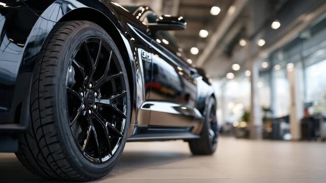 Close-up of a black car wheel with intricate alloy design and deep tread pattern, reflections on metallic spokes, set against a blurred garage background, emphasizing automotive pe