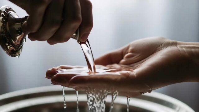 Water is poured from a silver cup into a cupped hand. A spiritual ritual of purification and cleansing. Vertical video of a holy ceremony