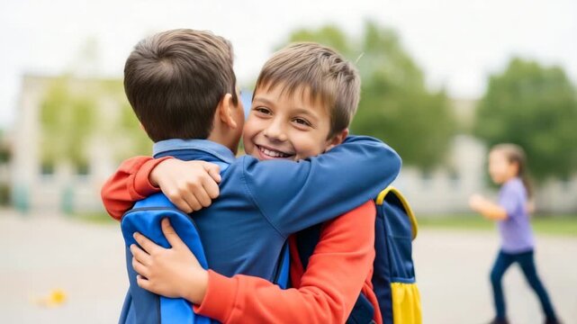 Two happy school boys hugging in the schoolyard. Best friends share a warm embrace after school. Childhood friendship and support concept