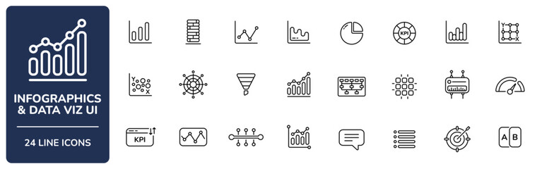 Infographics & Data Viz UI Line Icon Set with Editable Stroke. Collection of bar chart, pie chart, KPI, dashboard, waterfall, treemap, heatmap, area, donut, histogram, scatter, and analytics symbols.