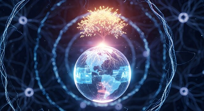 A holographic globe with a small tree growing on top — symbol of life and AI balance.