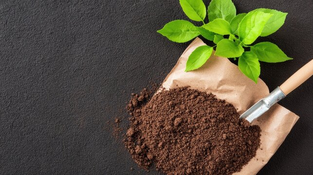 Natural plant-based potter's clay soil and garden trowel in a vibrant outdoor gardening setting