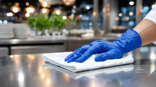 Close-up of a gloved hand wiping a stainless steel kitchen surface with a clean cloth, reflections of professional food facility lighting visible, emphasizing hygiene and sanitatio