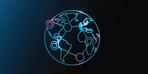 Neon global network globe on dark gradient &mdash; connected world map with nodes and lines, digital technology, internet, IoT, data connectivity background