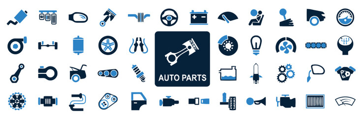 auto parts, car parts, automotive, vehicle, mechanic, repair, engine, tire, battery, brake, steering wheel, exhaust, filter, horn, door, light, piston, gear, wrench, tools, icon, set, collection, blue