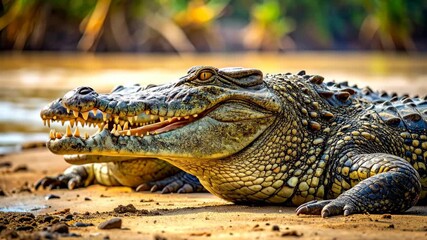 Two Crocodiles Resting on Sandy Shoreline in Bright Sunlight.