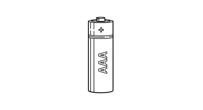 aaa battery, silver and black, standard size, illustration featuring silver battery, black and white, drawing with cylindrical and power source