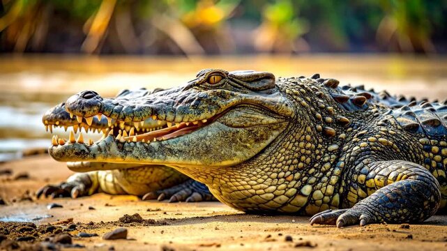 Two Crocodiles Resting on Sandy Shoreline in Bright Sunlight.