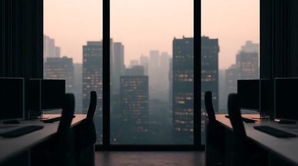 A serene office space with computers overlooking a city skyline at dusk, encapsulating a tranquil yet professional atmosphere.
