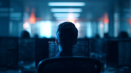 A silhouette of a person sitting in front of multiple screens in a dimly lit office, creating a focused and immersive atmosphere of work or technology.