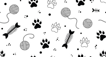 Seamless Pattern with Paw Prints, Yarn Balls, Fish Bones on White Background, Cute Design