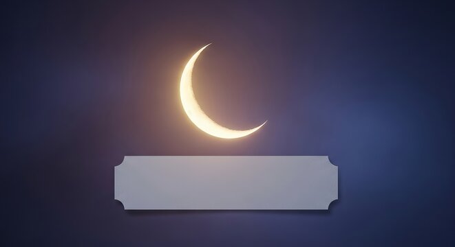 A crescent moon shines brightly above a blank banner on a dark background