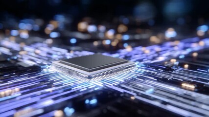 Close-up of a sleek AI chip glowing with neon circuits, data streams flowing around it, symbolizing fast processing and energy trading in a futuristic digital environment - Powered by Adobe