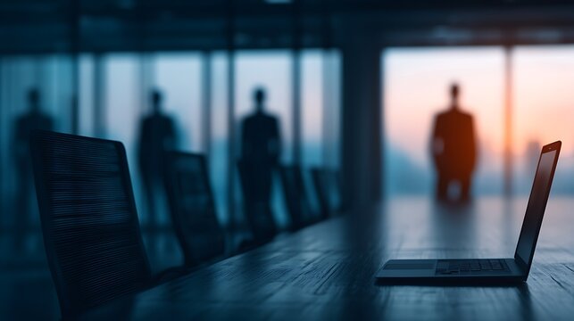 A dimly lit conference room features a laptop on the table, with shadowy figures in the background, suggesting a tense or important meeting atmosphere. - Powered by Adobe