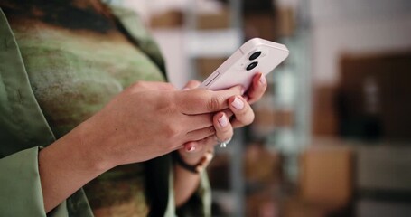 Supply chain, startup and hands of woman with phone for website review, shipping and delivery. Small business, ecommerce and person on mobile for inventory, distribution and online logistics space - Powered by Adobe