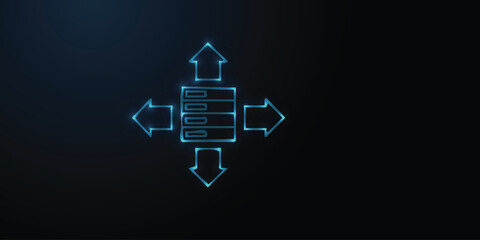 Neon server with four arrows data distribution icon on dark &mdash; glowing blue line art of network routing, load balancing, CDN, data flow background