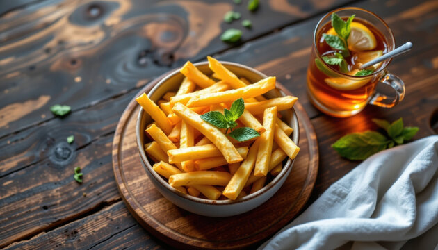 Crispy french fry in white bowl with mint garnish, iced tea with lemon, rustic wooden table, natural light