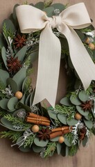 Handcrafted Christmas wreath with natural greenery, spices and linen bow
