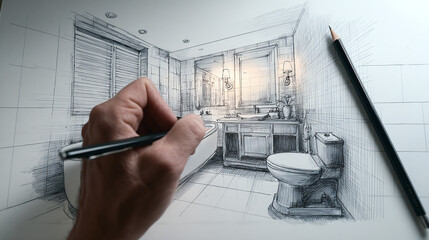 Hand sketching a bathroom design with a pencil, capturing the essence of the architectural elements