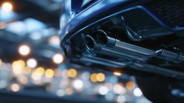 Close-up of car exhaust system underbody, glowing reflections from garage lights on steel surfaces, bolts and brackets sharply detailed