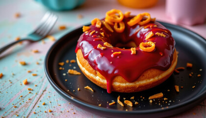Vibrant close up shot of glazed donut with red icing, orange curls, and crumbs on black plate, sweet and inviting