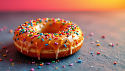 Caramel glazed donut with colorful sprinkles, vibrant close up, sweet dessert, soft texture, joyful mood