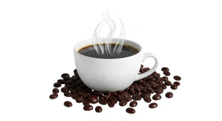 Steaming hot coffee in white cup with roasted beans for morning energy isolated on transparent background