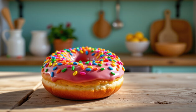 Colorful donut with pink icing, rainbow sprinkles, sweet dessert, wooden table, kitchen background, cheerful mood