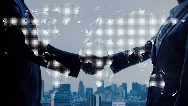 Professional handshake symbolizing global business partnership and international collaboration with a modern city skyline backdrop