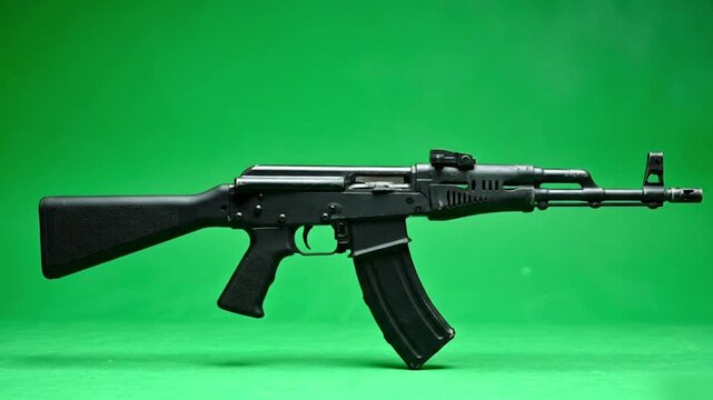 A black ak rifle is positioned against a vibrant green backdrop in a studio setting with even lighting
