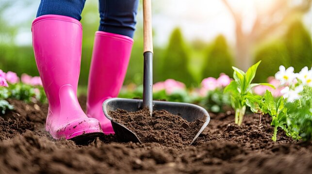 Gardening in spring with pink rubber boots, an electric tiller, and shovels for an enjoyable outdoor experience