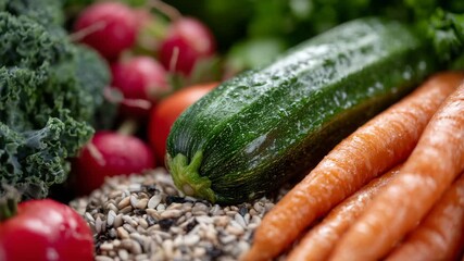 Close-up of fresh vegetables like zucchini, kale, and carrots sprinkled with seeds and grains, representing natural support for bowel function